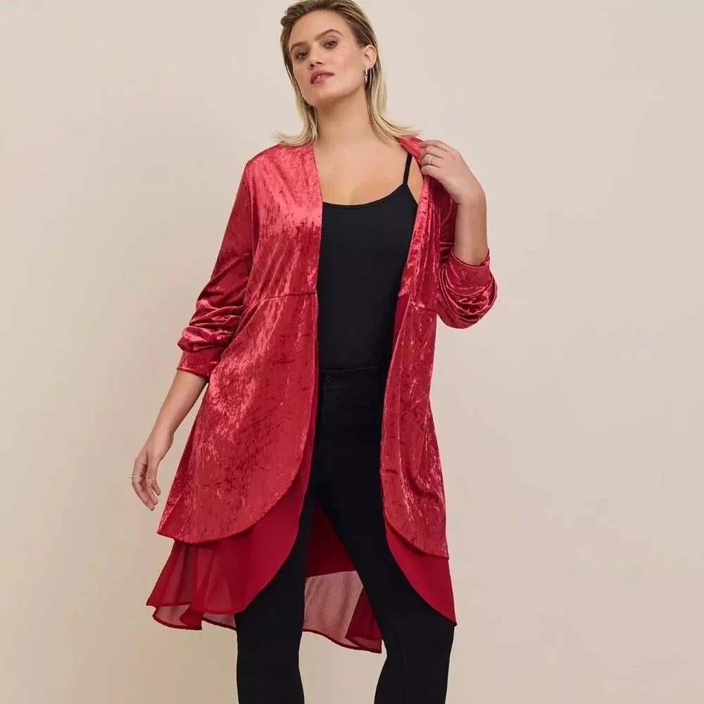 Torrid Red Crushed Velvet Chiffon Layered Open Front Cardigan Size 4
